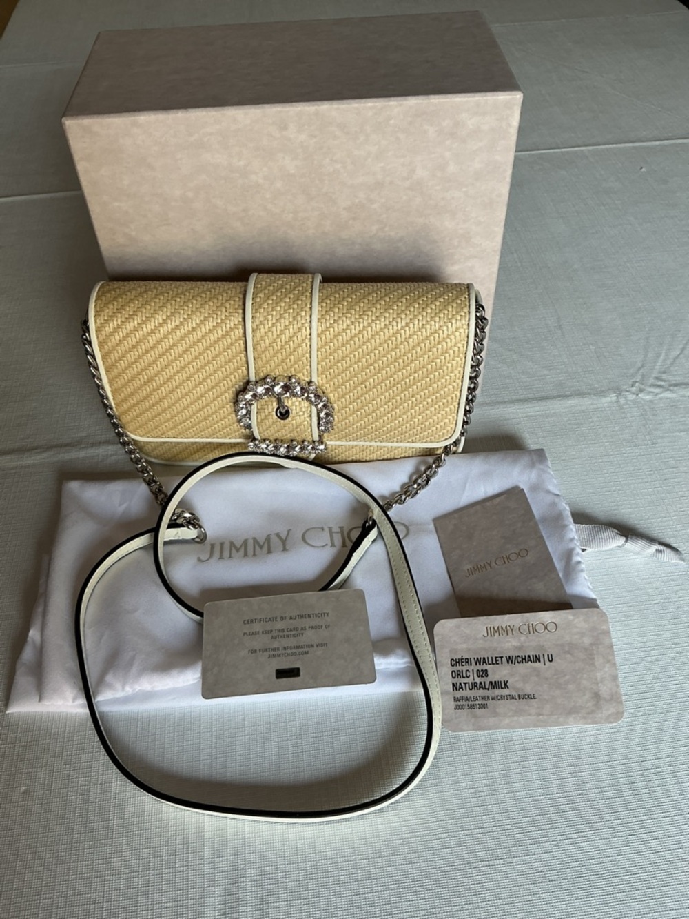 Jimmy Choo Cheri Raffia wallet/chain.  Crossbody bag with Crystal Buckle. - Picture 3 of 5